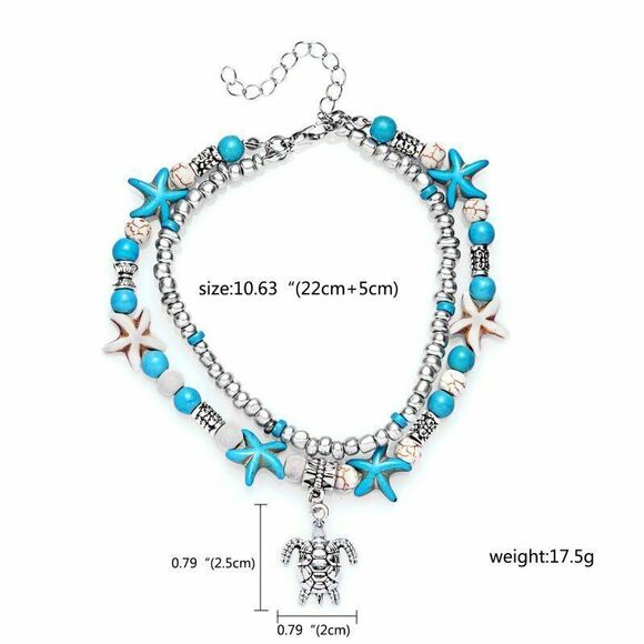 NEW By the Sea Double Ankle Bracelet Starfish Turtle Turquoise Ivory Silver - Picture 7 of 8